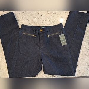 NWT LRL Ralph Lauren Dark Wash Straight Leg Jeans Size 8 Gold Zip Detail